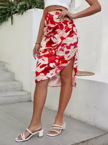 SHEIN Clasi Falda bajo con abertura con estampado floral fruncido - Rojo - Ver 3