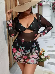 SHEIN Swim Curve 加大码花卉印花吊带三角泳衣带罩衫夏季海滩 - 黑色 - 查看 1