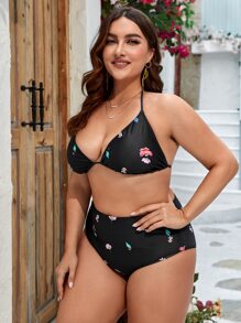 SHEIN Swim Curve 加大码花卉印花吊带三角泳衣带罩衫夏季海滩 - 黑色 - 查看 4
