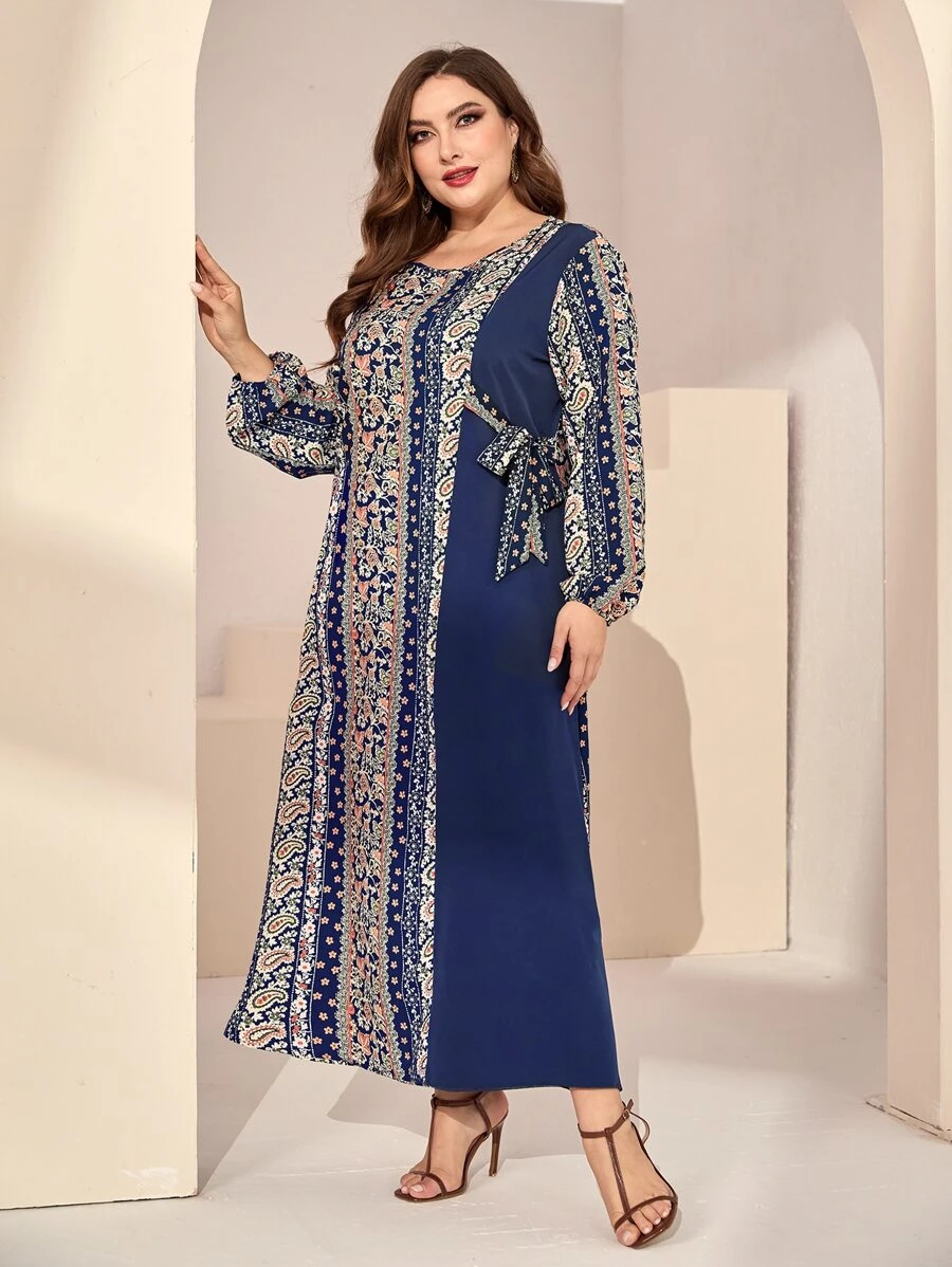 Al Najma 大碼幾何印花燈籠袖側打結連衣裙 - 藏蓝色 - 查看 1