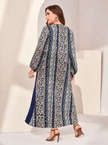 Al Najma 大碼幾何印花燈籠袖側打結連衣裙 - 藏蓝色 - 查看 2