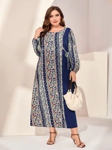 Al Najma 大碼幾何印花燈籠袖側打結連衣裙 - 藏蓝色 - 查看 3