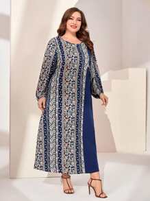 Al Najma 大碼幾何印花燈籠袖側打結連衣裙 - 藏蓝色 - 查看 4