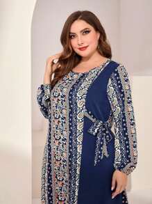 Al Najma 大碼幾何印花燈籠袖側打結連衣裙 - 藏蓝色 - 查看 5