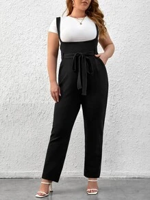 SHEIN Essnce Plus Slant Pocket Belted Overall Jumpsuit Without Tee - Black - View 1