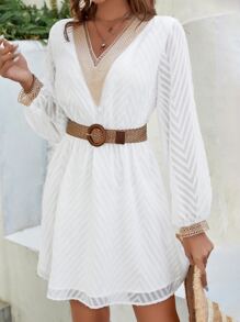 SHEIN VCAY Guipure Lace Insert Lantern Sleeve Dress Without Belt - White - View 3