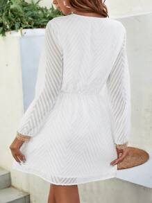 SHEIN VCAY Guipure Lace Insert Lantern Sleeve Dress Without Belt - White - View 2