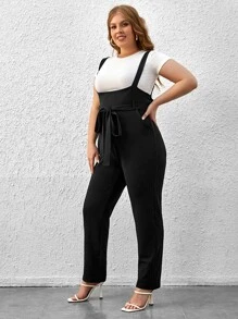 SHEIN Essnce Plus Slant Pocket Belted Overall Jumpsuit Without Tee - Black - View 4