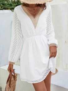 SHEIN VCAY Guipure Lace Insert Lantern Sleeve Dress Without Belt - White - View 6