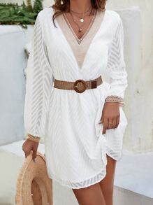 SHEIN VCAY Guipure Lace Insert Lantern Sleeve Dress Without Belt - White - View 5