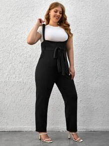 SHEIN Essnce Plus Slant Pocket Belted Overall Jumpsuit Without Tee - Black - View 5