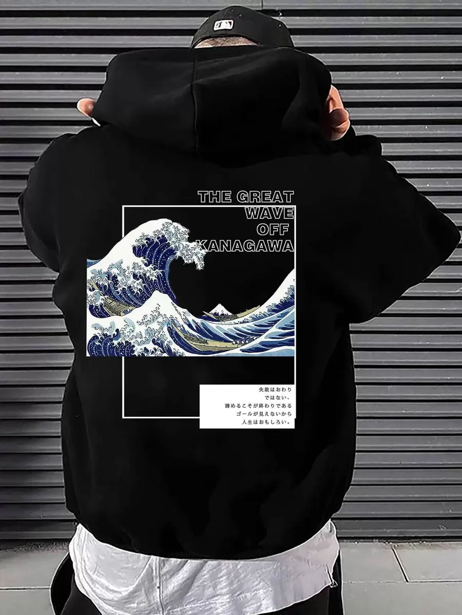 Manfinity Roghcode Men's Loose-Fit Slogan & Wave Printed Hoodie With Pocket,Drawstring Black Graphic Long Sleeve Japanese Streetwear,Winter City Break Hoodies For Gifts - Black - View 1
