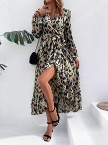 SHEIN VCAY Allover Print Lantern Sleeve Ruffle Trim Wrap Belted Dress - Khaki - View 1