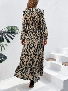 SHEIN VCAY Allover Print Lantern Sleeve Ruffle Trim Wrap Belted Dress - Khaki - View 2