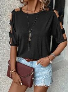 SHEIN LUNE Cut Out Dolman Sleeve Tee - Black - View 3
