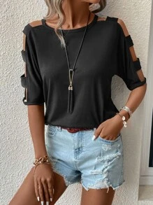 SHEIN LUNE Cut Out Dolman Sleeve Tee - Black - View 4