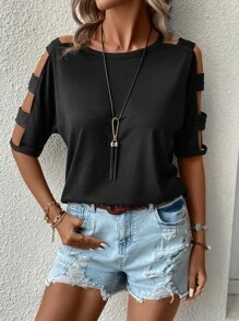 SHEIN LUNE Cut Out Dolman Sleeve Tee - Black - View 6