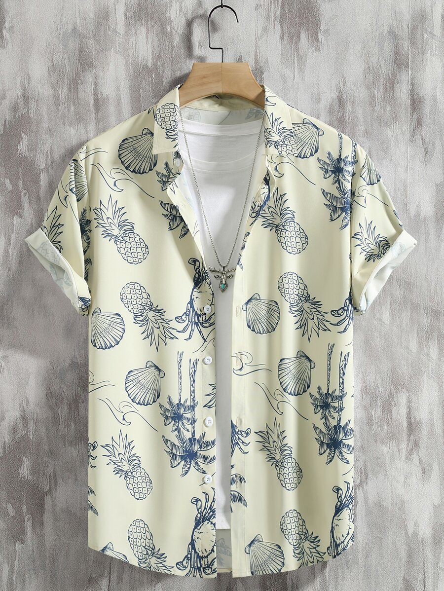 Yellow Hawaiian Pineapple Print Men's Short Sleeve Shirt
