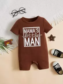 SHEIN Baby Boy Slogan Graphic Romper - Coffee Brown - View 1