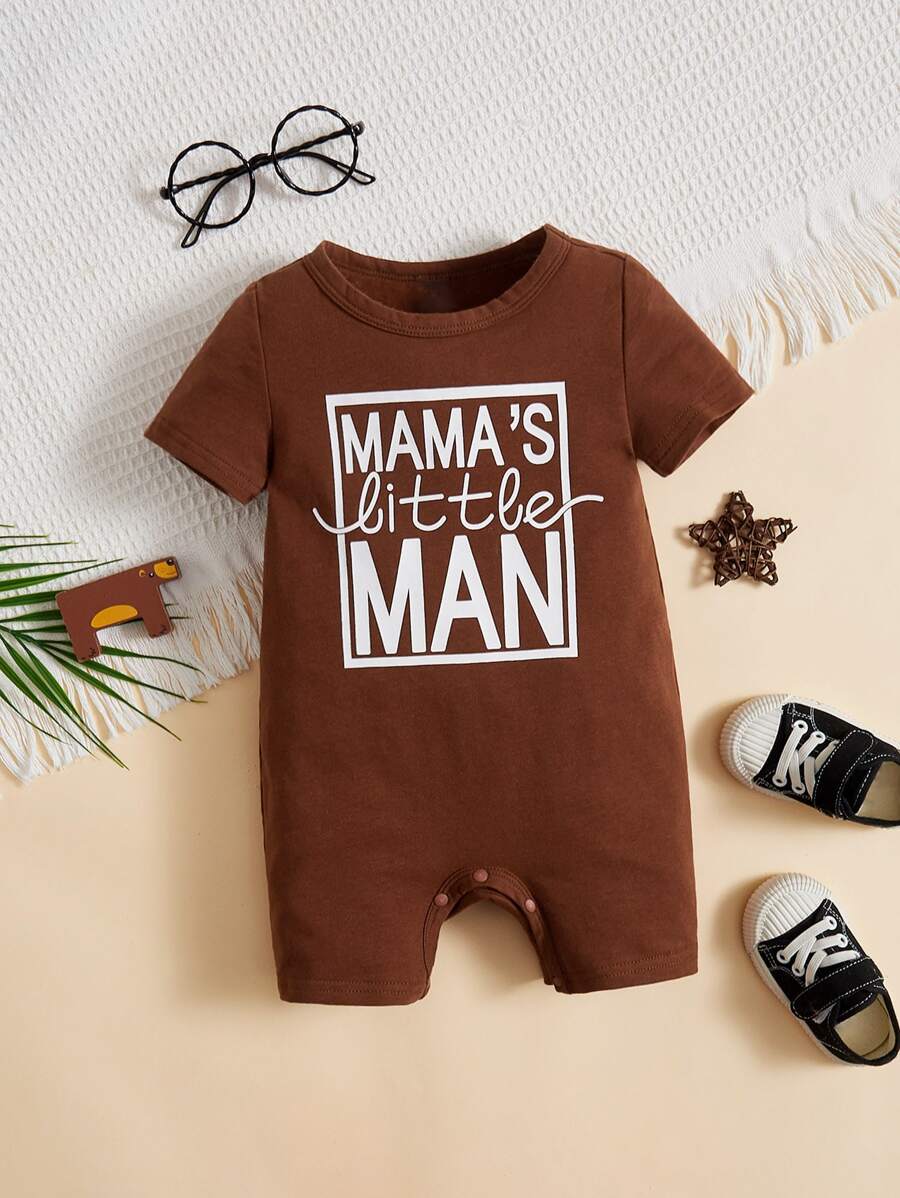 SHEIN Baby Boy Slogan Graphic Romper - Coffee Brown - View 1