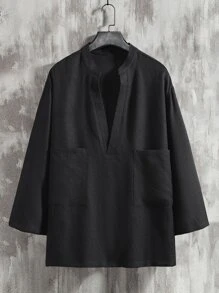 Manfinity Homme Loose Fit Men's Notched Collar Shirt With Dual Chest Pockets - Black - View 1