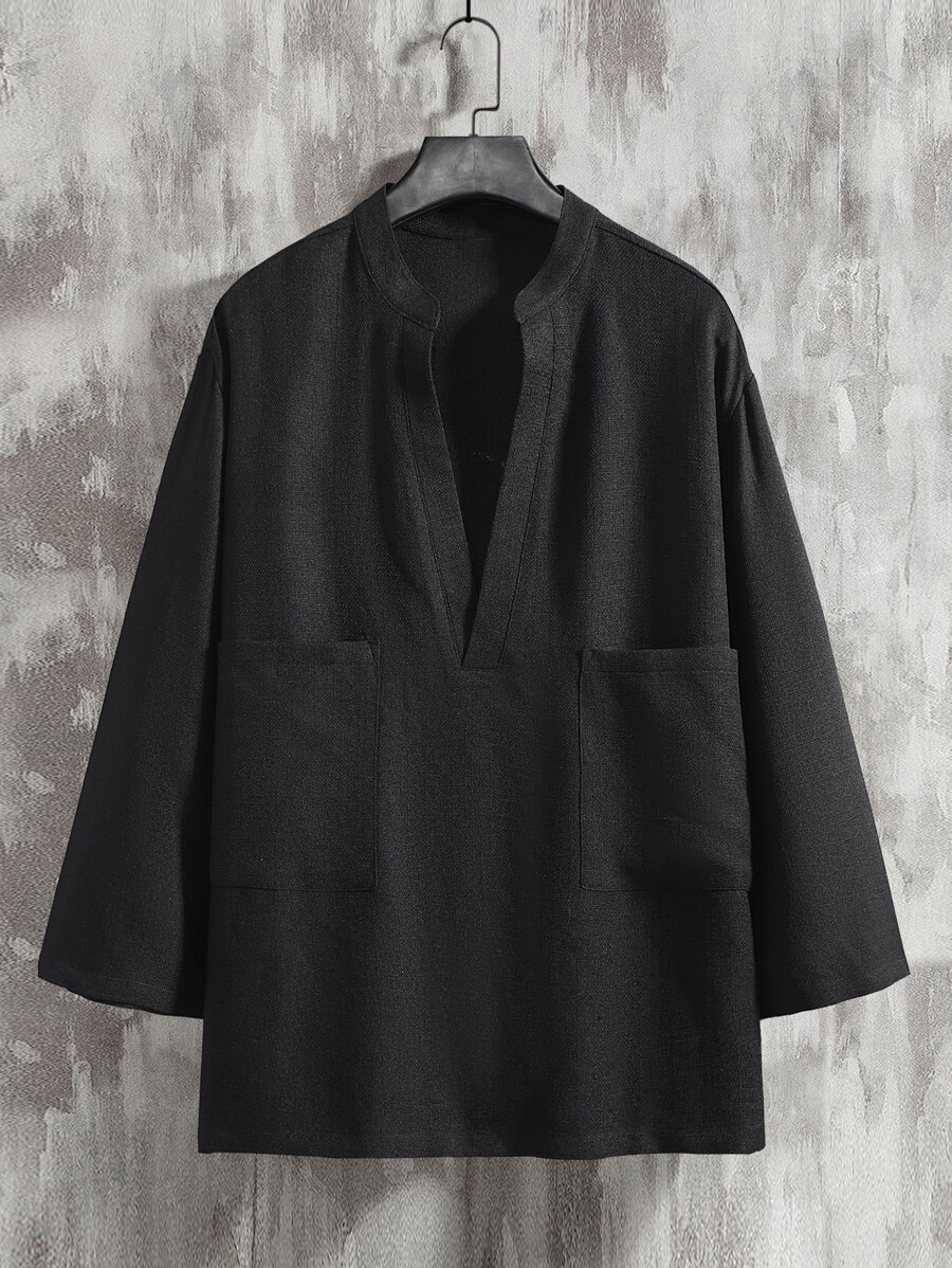 Manfinity Homme Loose Fit Men's Notched Collar Shirt With Dual Chest Pockets - Black - View 1