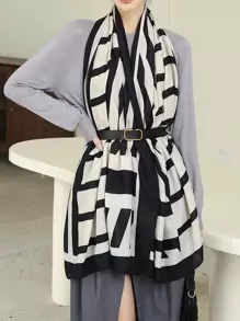 優雅條紋圖案圍巾，適用於日常生活、戶外和旅行 - 黑與白 - 查看 3