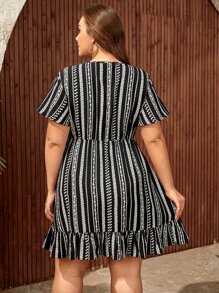 SHEIN VCAY Plus Geo Print Ruffle Hem Tie Front Dress