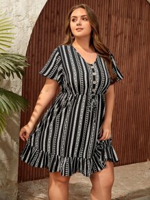 SHEIN VCAY Plus Geo Print Ruffle Hem Tie Front Dress