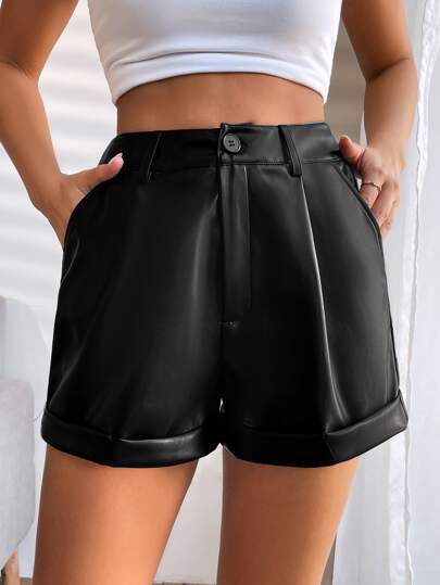 SHEIN Privé High Waist Roll Up Hem PU Shorts