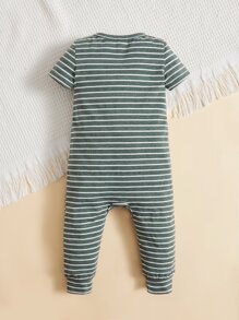 SHEIN 男嬰條紋圖案前紐扣連身褲 - 墨綠色 - 查看 2