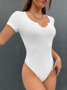 SHEIN EZwear 條紋針織缺口領連體衣 - 白色 - 查看 4