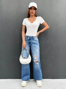 SHEIN EZwear 條紋針織缺口領連體衣 - 白色 - 查看 5