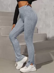 SHEIN PETITE Split Hem Rib-knit Trousers - Grey - View 1