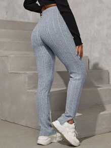 SHEIN PETITE Split Hem Rib-knit Trousers - Grey - View 2