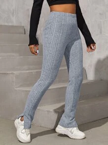 SHEIN PETITE Split Hem Rib-knit Trousers - Grey - View 3