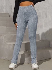 SHEIN PETITE Split Hem Rib-knit Trousers - Grey - View 4