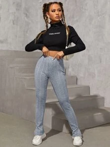 SHEIN PETITE Split Hem Rib-knit Trousers - Grey - View 5