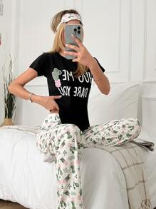 RueChic Slogan & Cactus Print PJ Set With Eye Cover - Black and White - View 2