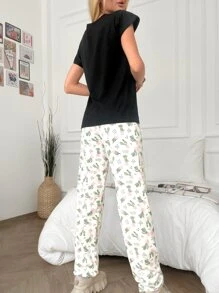 RueChic Slogan & Cactus Print PJ Set With Eye Cover - Black and White - View 3