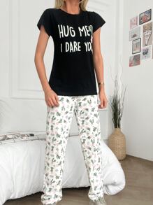 RueChic Slogan & Cactus Print PJ Set With Eye Cover - Black and White - View 6