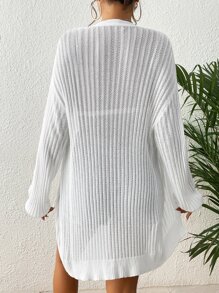 SHEIN VCAY Drop Shoulder Ribbed Knit Duster Cardigan - White - View 2