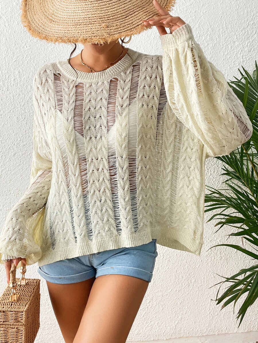 SHEIN VCAY Drop Shoulder Pointelle Knit Jumper Without Bra - Beige - View 1