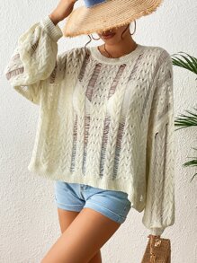 SHEIN VCAY Drop Shoulder Pointelle Knit Jumper Without Bra - Beige - View 5