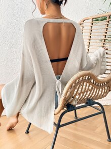 SHEIN VCAY Jersey de espalda abierta con cordón de hombros caídos - Beis - Ver 1