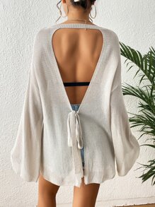 SHEIN VCAY Jersey de espalda abierta con cordón de hombros caídos - Beis - Ver 2
