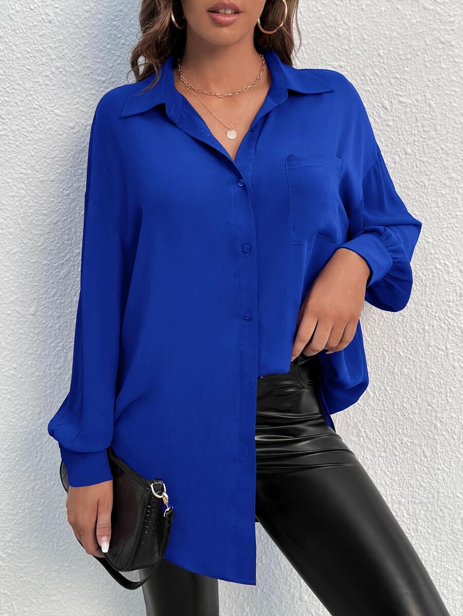 SHEIN Tall Pocket Patched Drop Shoulder Shirt - Royal Blue - View 1