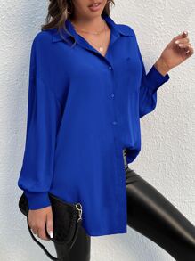 SHEIN Tall Pocket Patched Drop Shoulder Shirt - Royal Blue - View 3