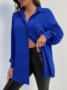 SHEIN Tall Pocket Patched Drop Shoulder Shirt - Royal Blue - View 5