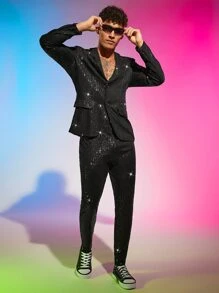FeverCity Men Lapel Collar Sequin Blazer & Pants Set - Black - View 1